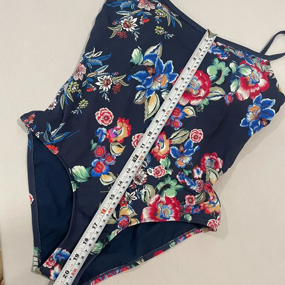 ~ Johnny Was Lg Swimsuit 1-Piece Navy Floral Tank Lace-Back Strappy Large 10/12 - Picture 8 of 16